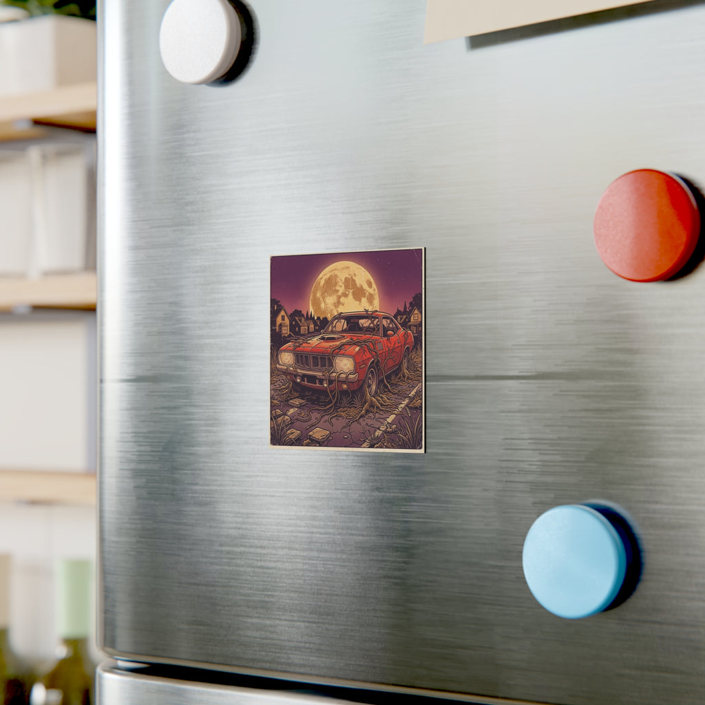 Silicon Muscle | Square Fridge A classic red muscle car with glowing circuit-board headlights sits rooted in overgrown vines beneath a full moon. Magnet