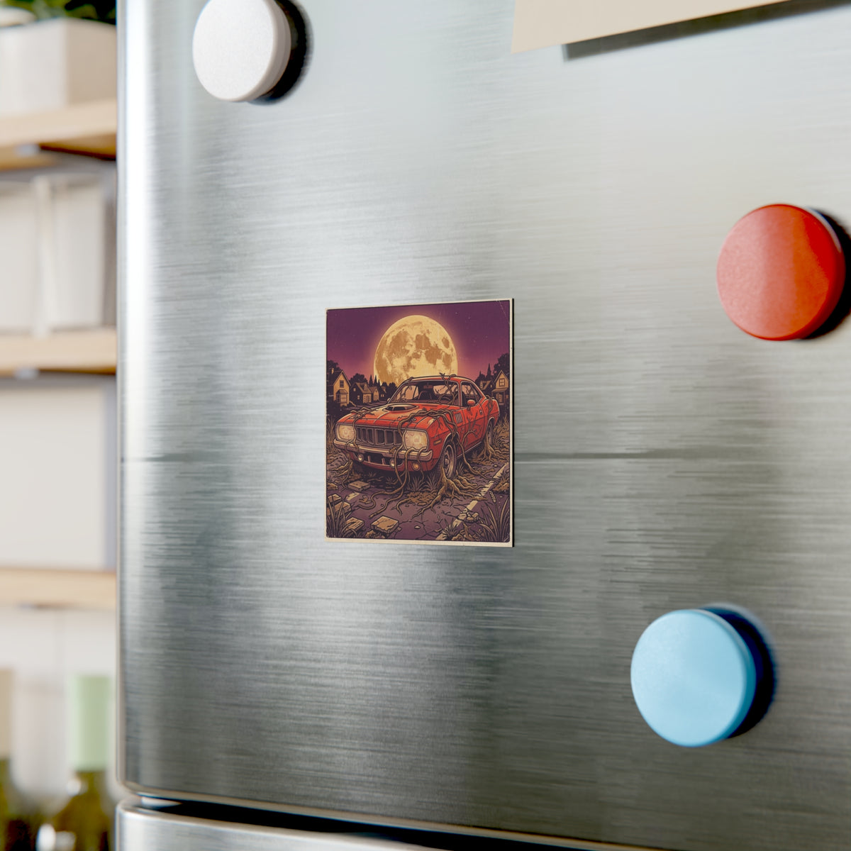 Silicon Muscle | Square Fridge A classic red muscle car with glowing circuit-board headlights sits rooted in overgrown vines beneath a full moon. Magnet
