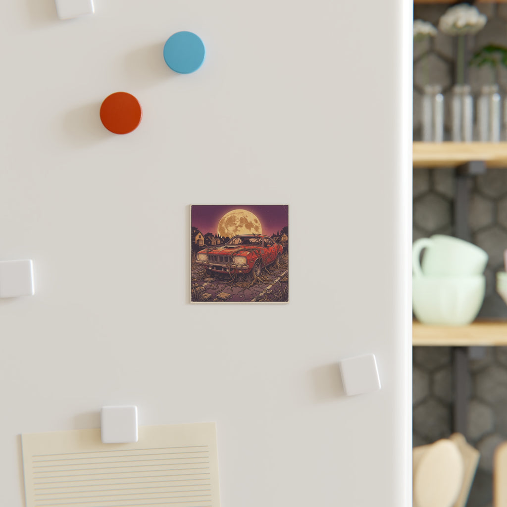 Silicon Muscle | Square Fridge A classic red muscle car with glowing circuit-board headlights sits rooted in overgrown vines beneath a full moon. Magnet