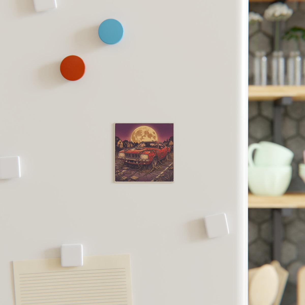 Silicon Muscle | Square Fridge A classic red muscle car with glowing circuit-board headlights sits rooted in overgrown vines beneath a full moon. Magnet