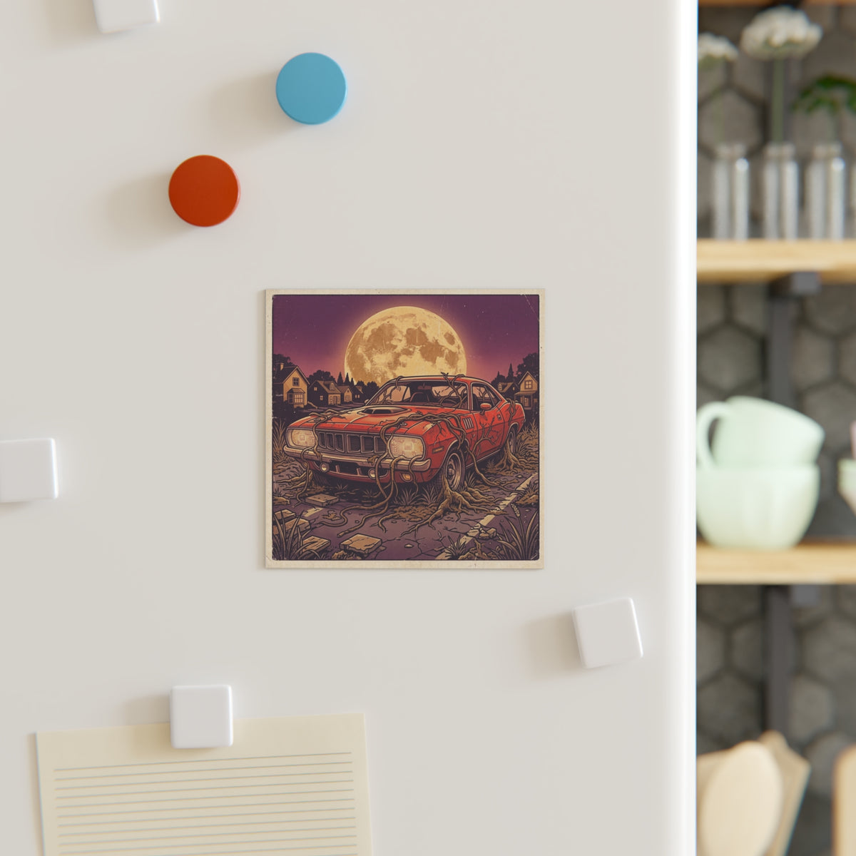 Silicon Muscle | Square Fridge A classic red muscle car with glowing circuit-board headlights sits rooted in overgrown vines beneath a full moon. Magnet