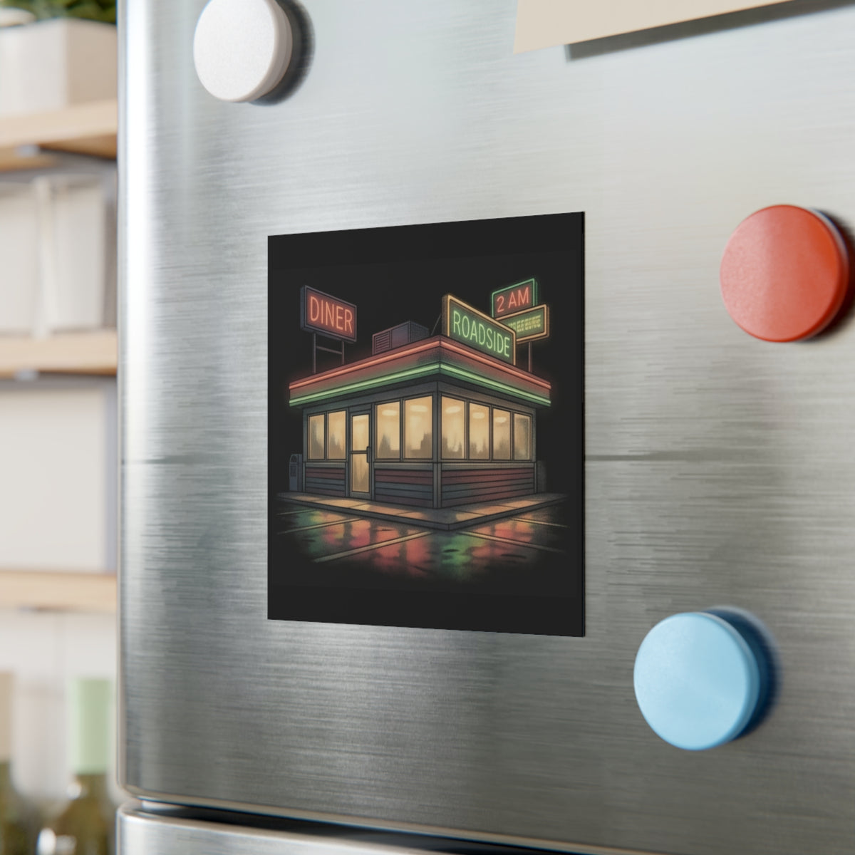 2 AM Roadside Diner | Square Fridge Magnet