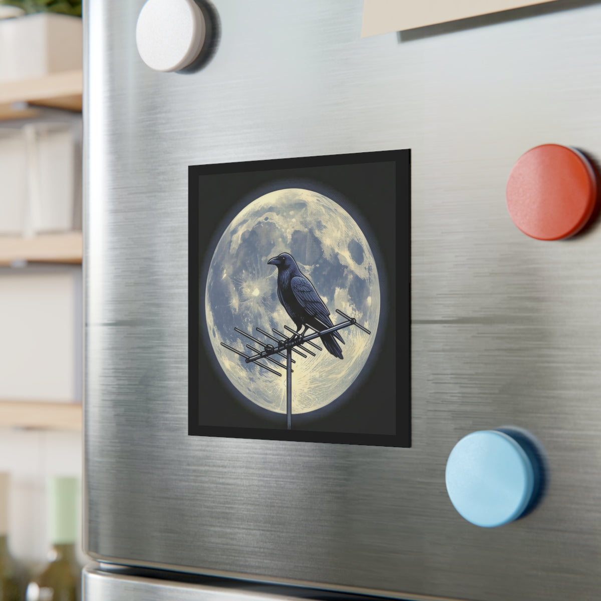 Crow on Antenna | Square Fridge Magnet