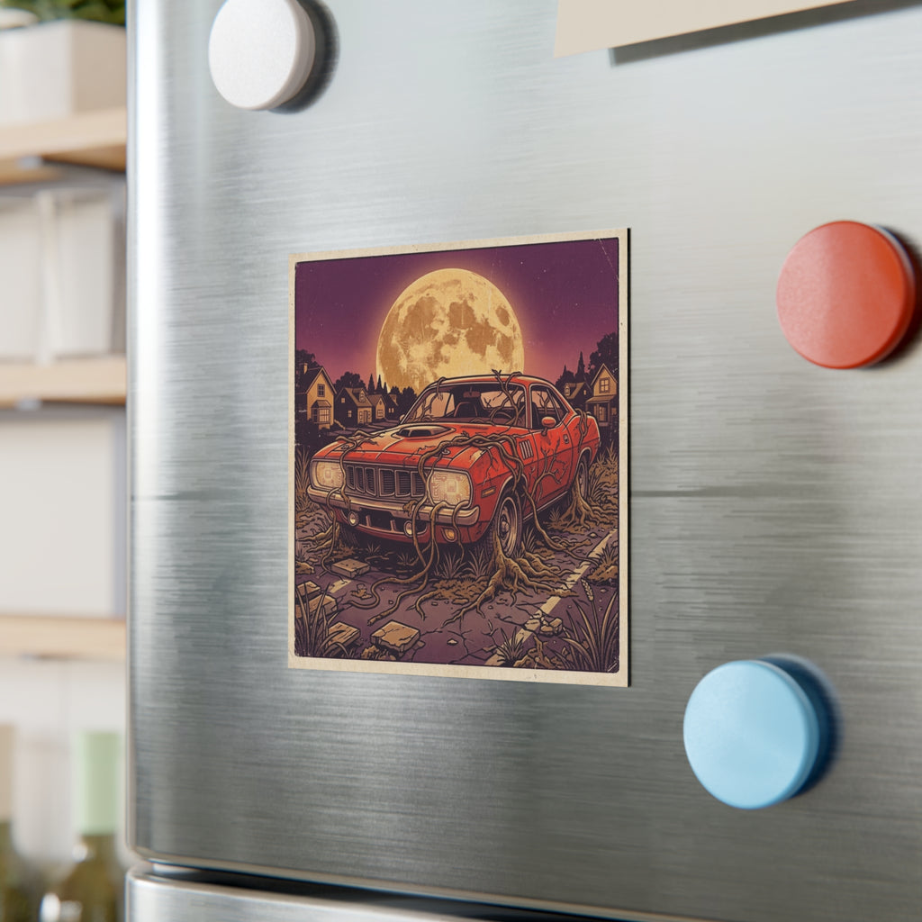 Silicon Muscle | Square Fridge A classic red muscle car with glowing circuit-board headlights sits rooted in overgrown vines beneath a full moon. Magnet