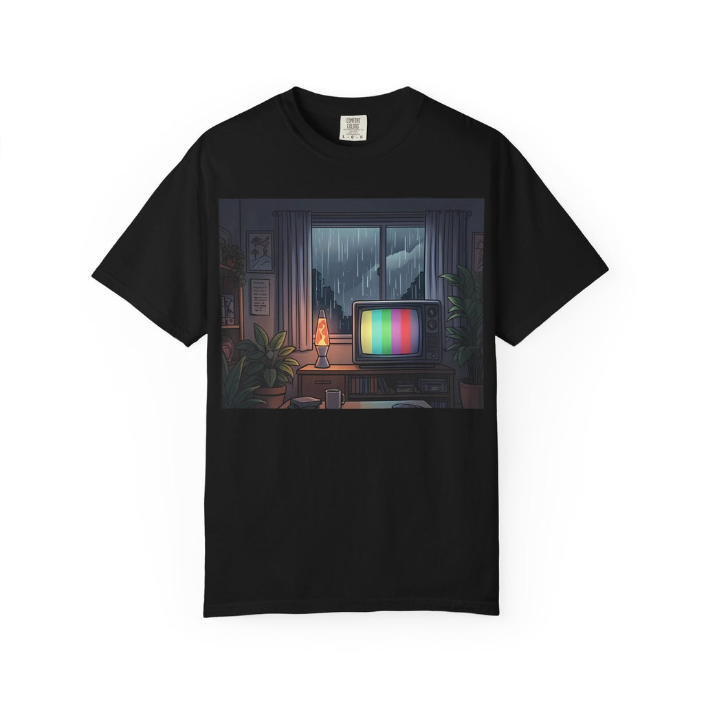 Vintage TV Rainy Window T-Shirt — Cozy Room Aesthetic Graphic Tee