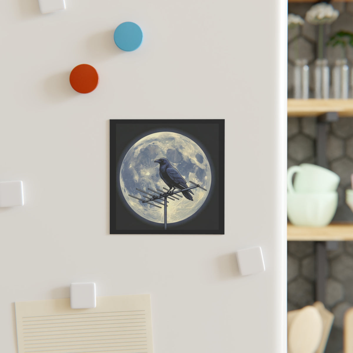 Crow on Antenna | Square Fridge Magnet