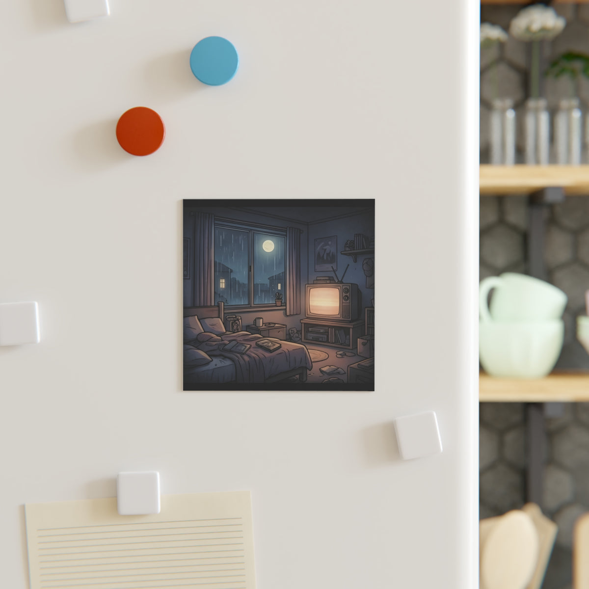 Rainy Bedroom | Square Fridge Magnet
