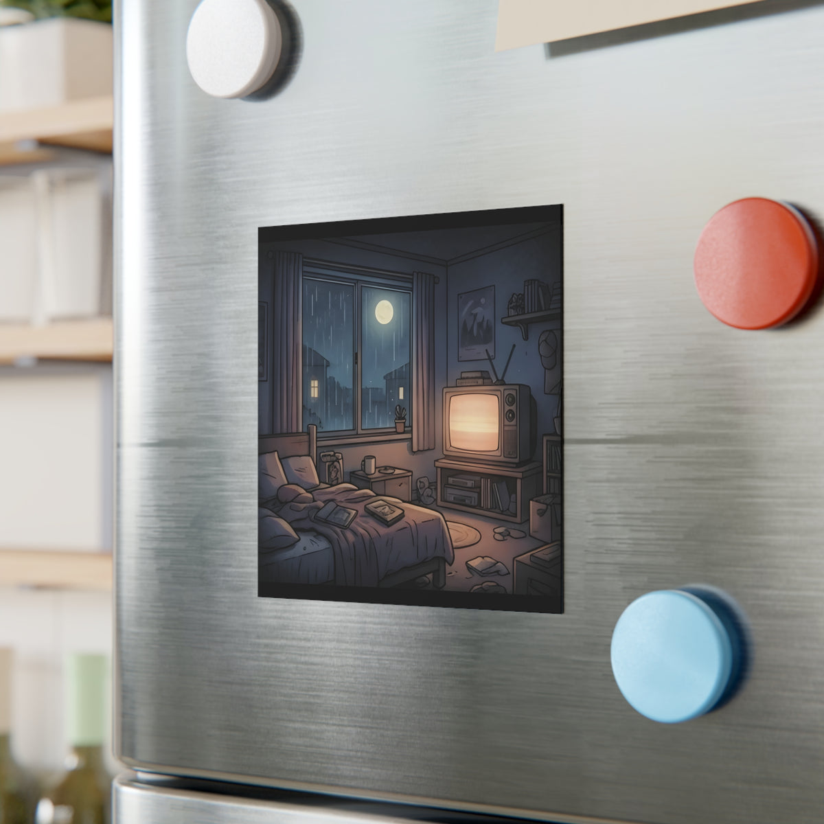 Rainy Bedroom | Square Fridge Magnet
