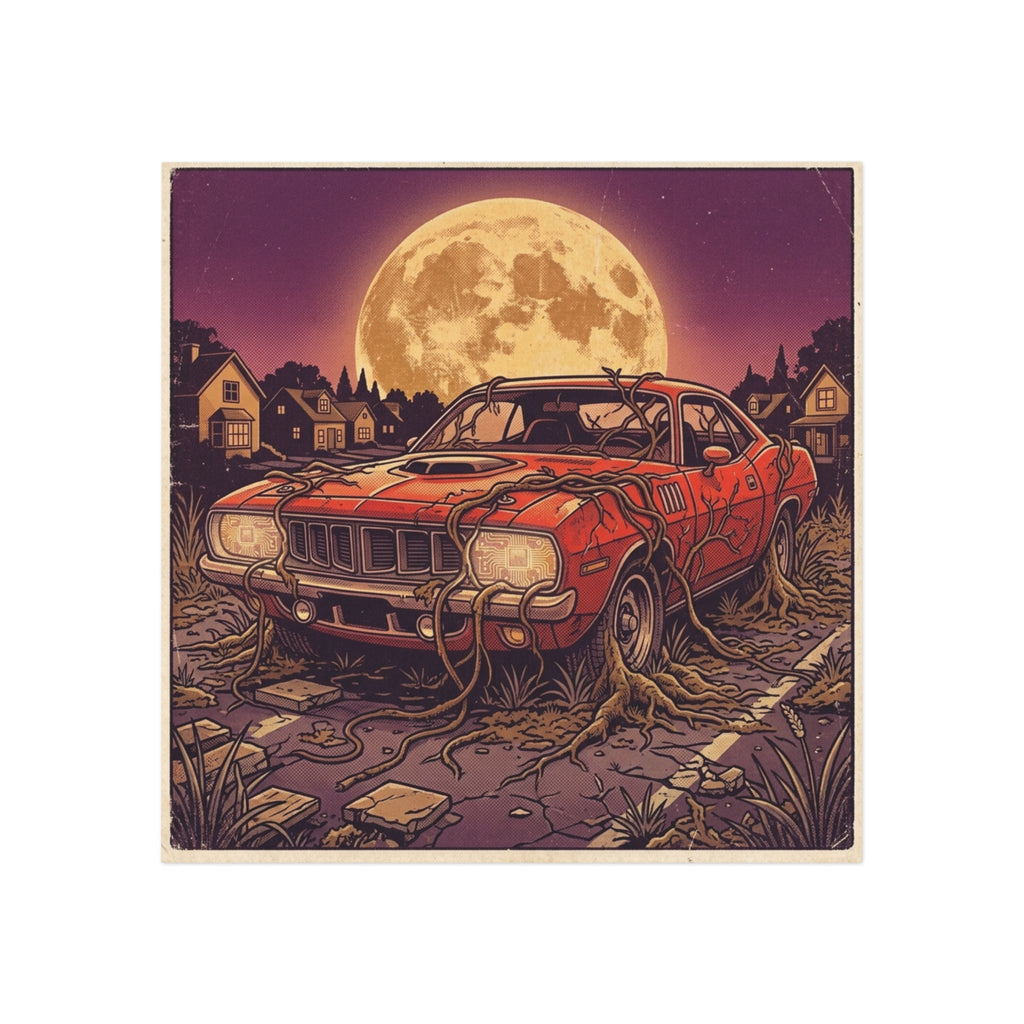 Silicon Muscle | Square Fridge A classic red muscle car with glowing circuit-board headlights sits rooted in overgrown vines beneath a full moon. Magnet